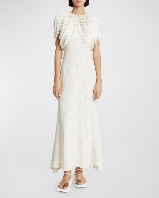 Rabanne White Feather-Print Gathered Empire-Waist Cap-Sleeve Maxi Dress