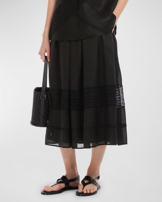 Max Mara Studio Black Patto Pleated Lace-Inset Midi Skirt