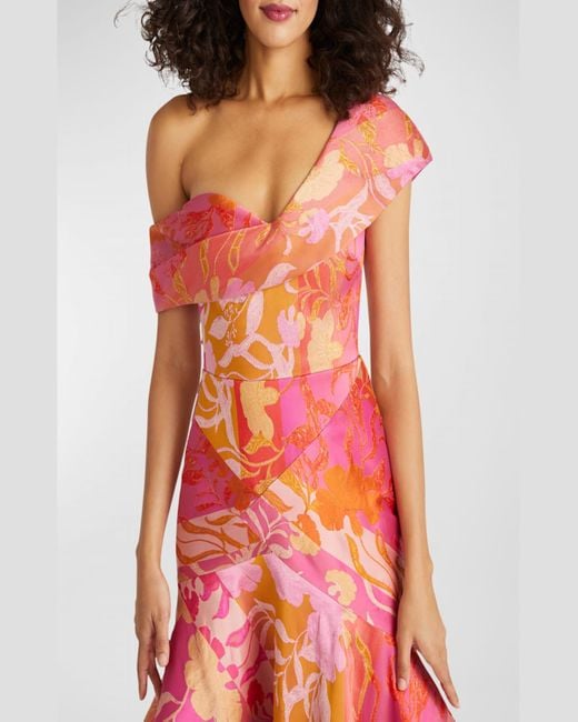 THEIA Red Drew Floral Patchwork High-Low Cocktail Dress