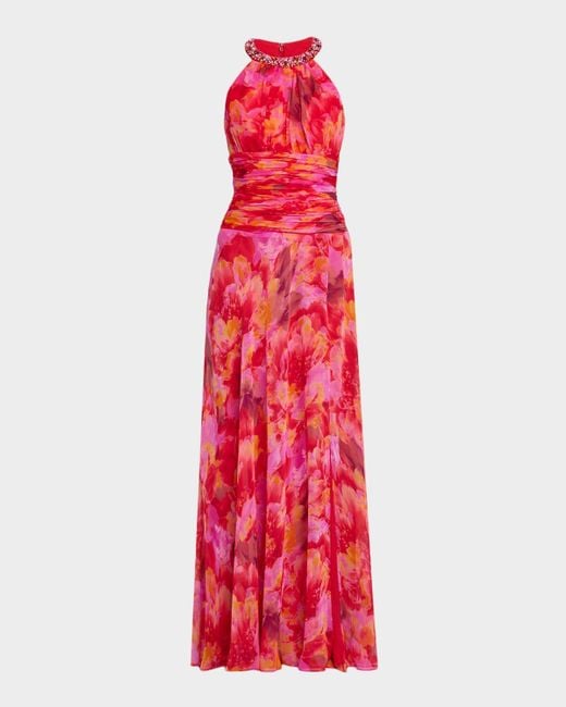 Teri Jon Red Beaded Floral-Print Chiffon Halter Gown