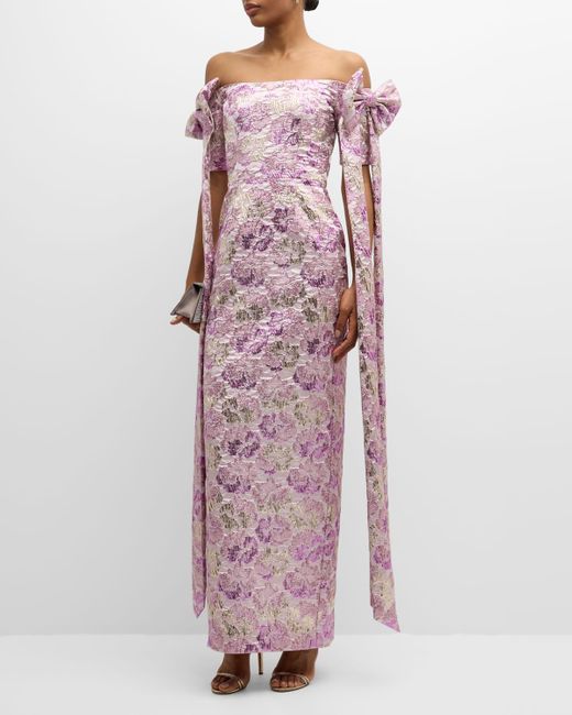 Black Halo Purple Paisley Off-Shoulder Floral Jacquard Bow Gown