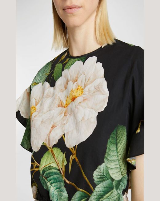 Giambattista Valli Green Floral-Print Ruffle-Sleeve Drawstring Crop Blouse