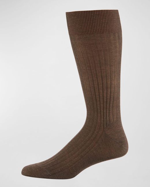 Pantherella Brown Mid-Calf Stretch-Lisle Dress Socks for men