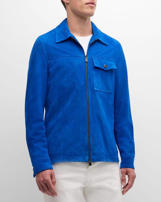 Isaia Blue Full-Zip Leather Blouson for men