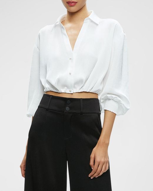 Alice + Olivia White Pierre Cropped Button-Front Satin Shirt