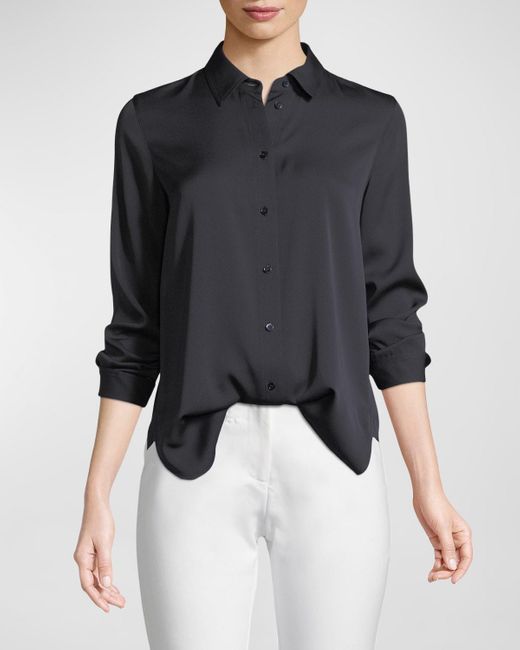 Vince Slim-fit Long-sleeve Stretch-silk Blouse in Black | Lyst