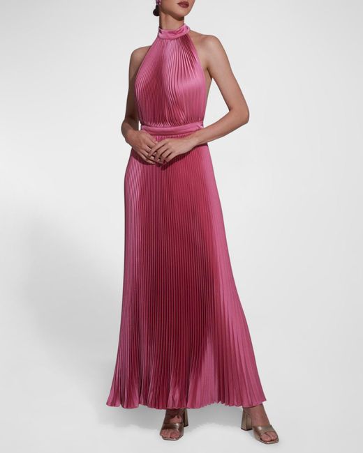 L'idée Red Cinema Pleated Halter-Tie Open-Back Gown