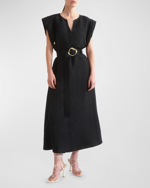 Aje. Black Lyric Belted Linen-Blend Midi Dress