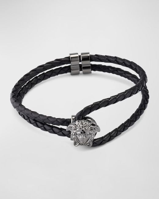 Versace Metallic Medusa Two-Row Braided Leather Bracelet for men