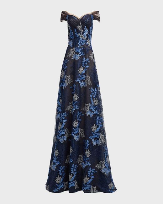 Teri Jon Blue Off-Shoulder Floral-Embroidered Tulle Gown