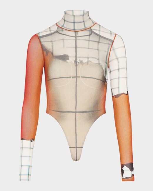 Jean Paul Gaultier White Twisted Body-Print Mesh Long-Sleeve Bodysuit