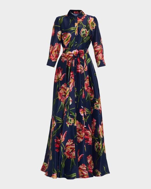 Carolina Herrera Blue Floral Silk Belted Long-Sleeve Trench Gown