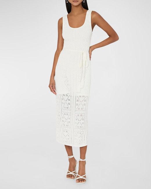 MILLY White Sleeveless Pointelle-Knit Midi Dress