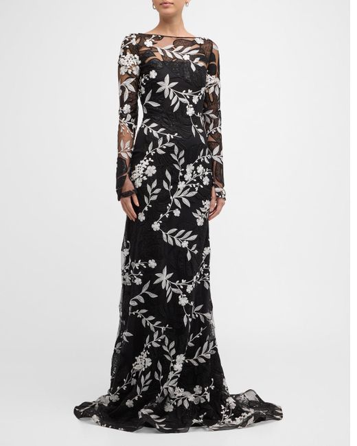 Naeem Khan Black Floral Embroidered Gown With Sheer Overlay