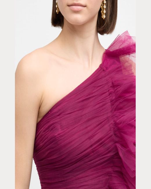 Badgley Mischka Purple One-Shoulder Ombre Tiered Tulle Gown