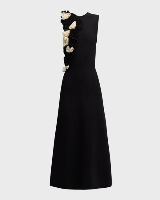 Lela Rose Black Colorblock Flower-Applique Sleeveless Rib Midi Dress