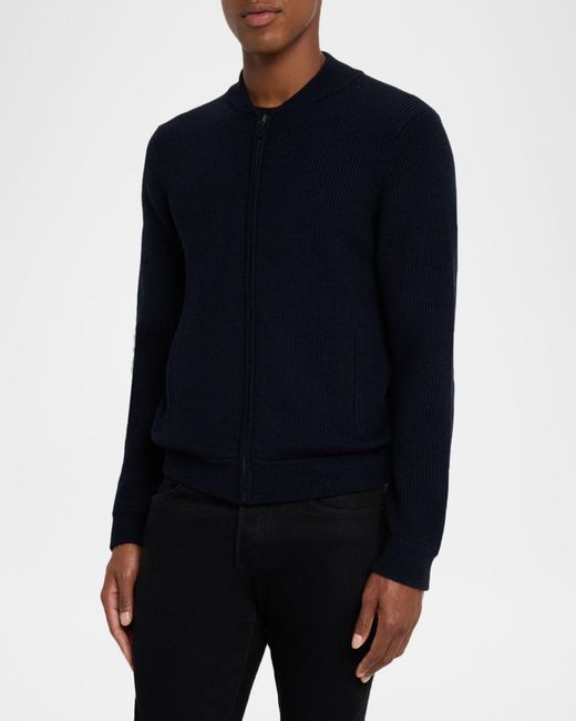 Neiman Marcus Blue Apos;Merino Wool Rib Full-Zip Sweater for men