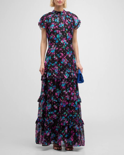Shoshanna Blue Loretta Tiered Floral-print Ruffle Gown