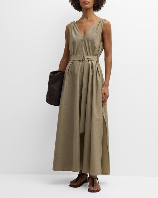 Brunello Cucinelli Natural Crinkle Cotton Belted Maxi Dress With Monili Detail
