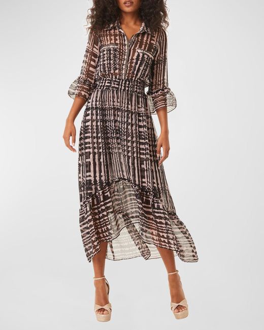 MISA Los Angles Brown Ofelia Geo-print Chiffon Midi Shirt Dress