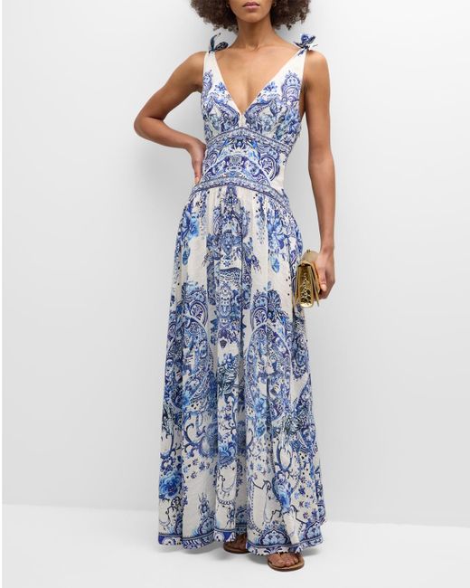 Camilla Blue Floral Linen Silk Tie-Shoulder Maxi Dress