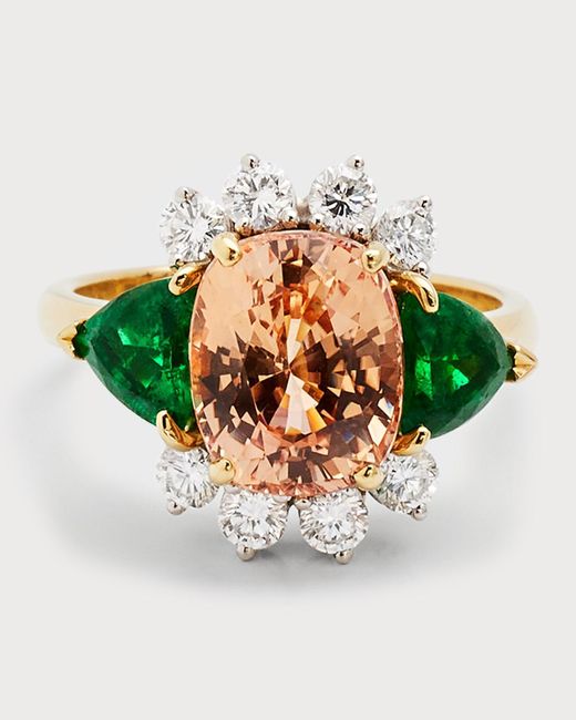 NM Estate Multicolor Estate 18k Yellow Gold Orange Sapphire, Trillion Emerald And Diamond 3-stone Ring, Size 6.5
