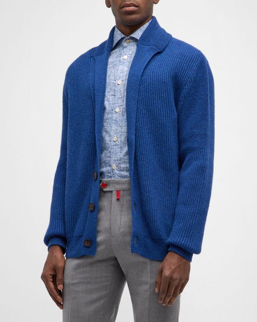 Kiton Blue Ribbed Cashmere Cardigan Sweater for men