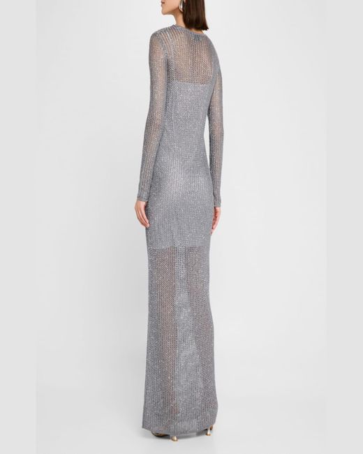 St. John Gray Sequin Mesh Knit Long-Sleeve Gown With Slip