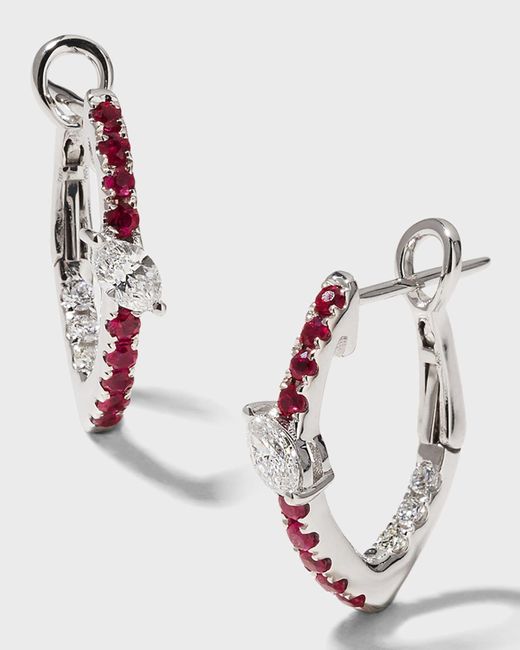 Frederic Sage Metallic White Gold Small Slanted Marquise Center Ruby Hoop Earrings
