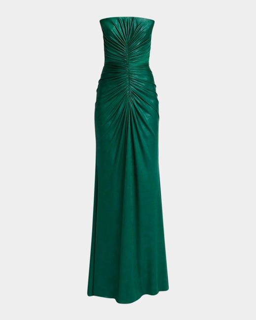 Elie Saab Green Strapless Ruched Coated Jersey Gown