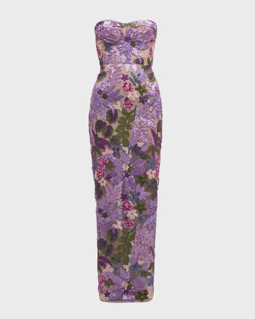 Bronx and Banco Purple Dahlia Strapless Floral-Embroidered Sequin Gown