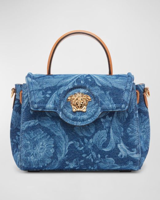 Versace Blue La Medusa Floral Denim Top-handle Bag
