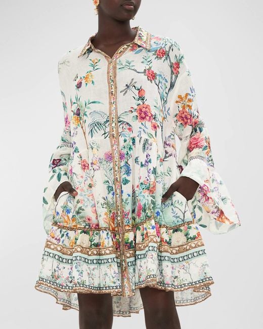 Camilla White Lace-trim Yoke Tiered Linen Mini Shirt Dress