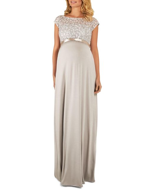 TIFFANY ROSE Natural Maternity Mia Cap-sleeve Gown With Sequin Bodice & Full-length Skirt