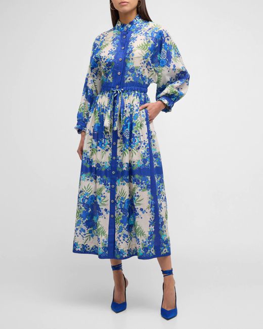 Cara Cara Blue Beatrice Placed Print Dolman-sleeve Midi Shirtdress