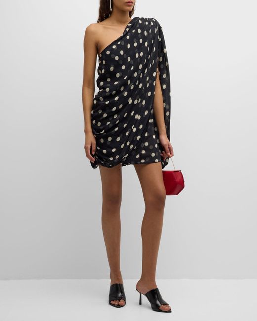 Stella McCartney Black Polka Dot-Print Draped Chiffon Strong One-Shoulder Mini Dress