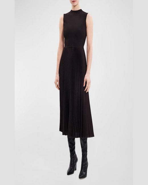 Theory Black Sleeveless Satin Pleated Combo Midi Dress
