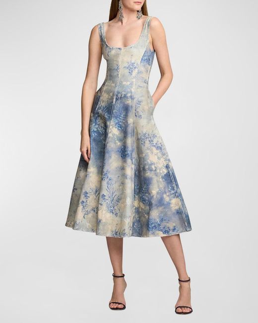 Ralph Lauren Collection Blue Tarian Floral-Print Sleeveless Lace-Up Denim Midi Dress