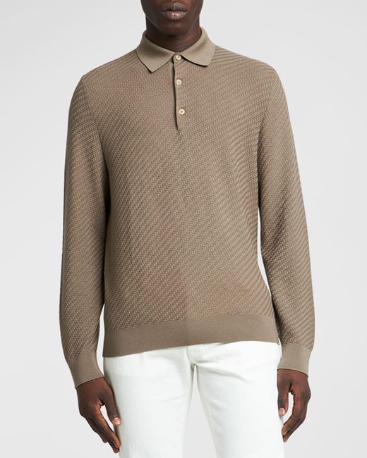 Brioni Natural Basketweave Knit Polo Sweater for men