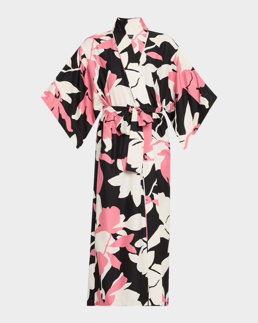 Natori White Niwashi Floral-Print Charmeuse Robe