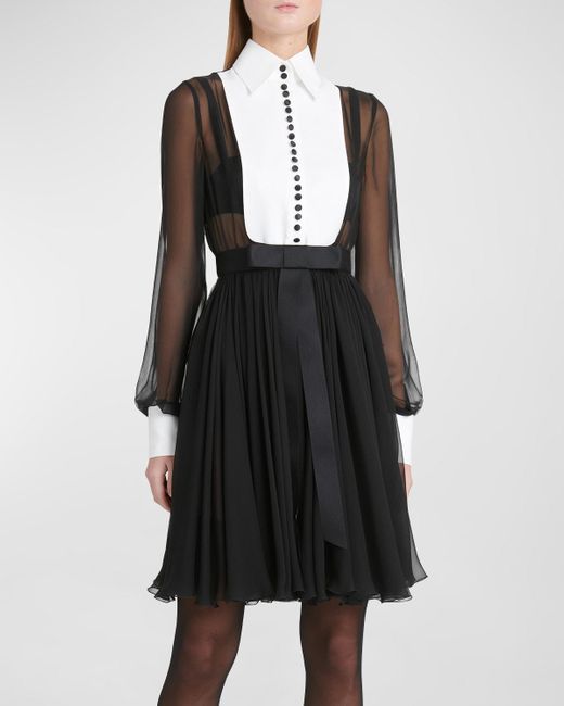 Dolce & Gabbana Black Seta Bib-Front Long-Sleeve Pleated Chiffon Shirtdress