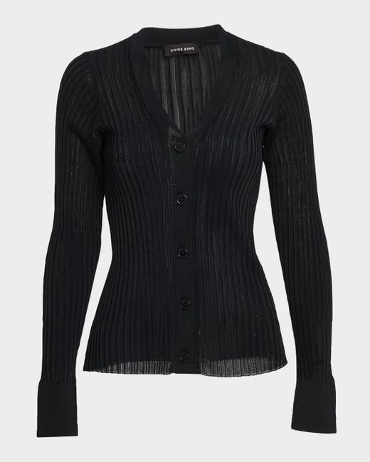 Anine Bing Black Matheo Fitted Rib Cardigan