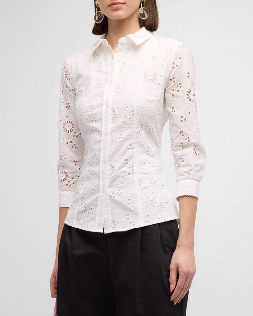 Carolina Herrera White Broderie Anglaise 3/4-Sleeve Collared Shirt