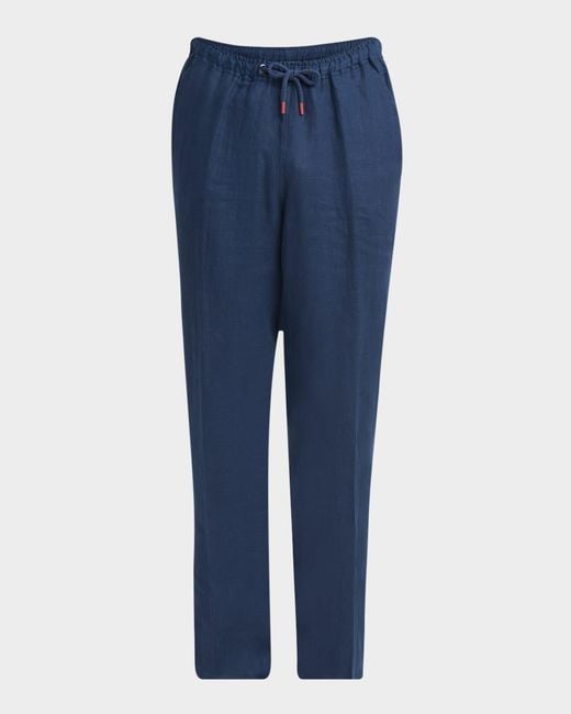 Kiton Blue Linen Drawstring Flat-Front Pants for men