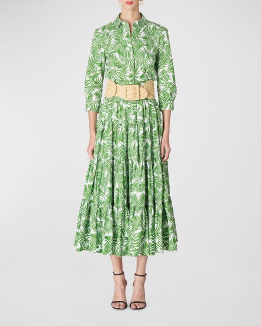 Carolina Herrera Green Leaves-Print Tiered Midi Skirt