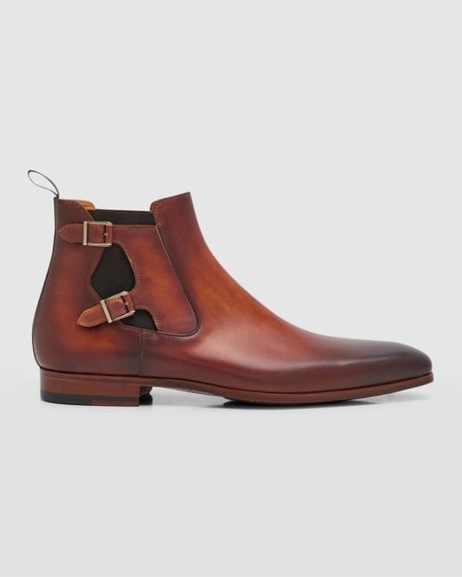 Magnanni Shoes Brown Caspe Double-Buckle Chelsea Boots for men