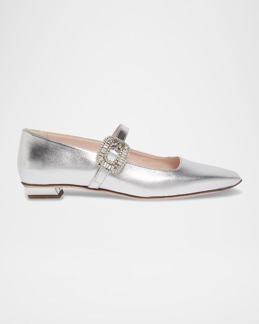 Roger Vivier White Belle Vivier Metallic Leather Crystal Buckle Mary Jane Ballerina Flats