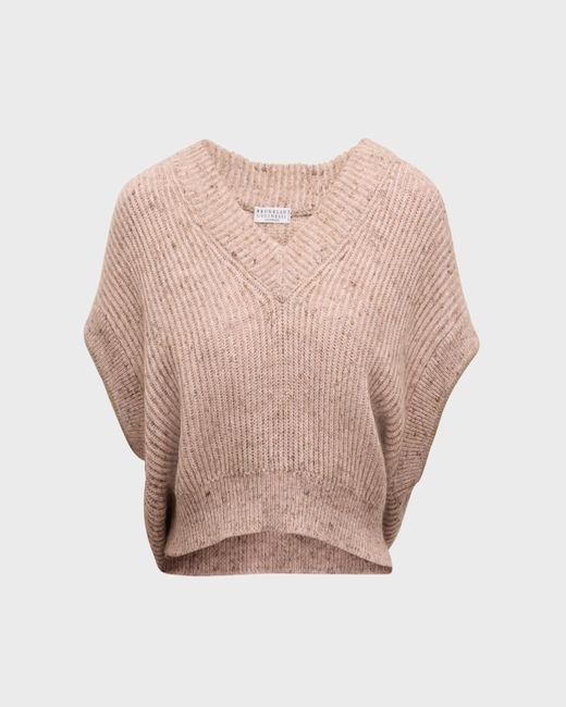 Brunello Cucinelli Natural Mohair Melange Knit V-Neck Cap-Sleeve Crop Sweater