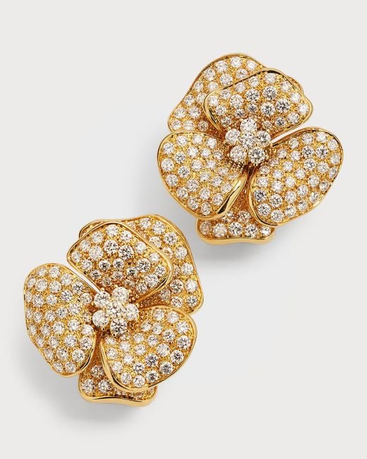 Leo Pizzo Metallic 18k Yellow Gold Pave Diamond Flower Omega Post Earrings