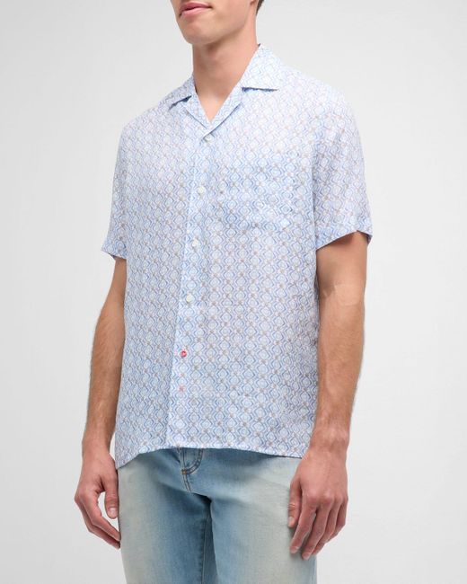 Isaia White Linen Geometric-Print Camp Shirt for men